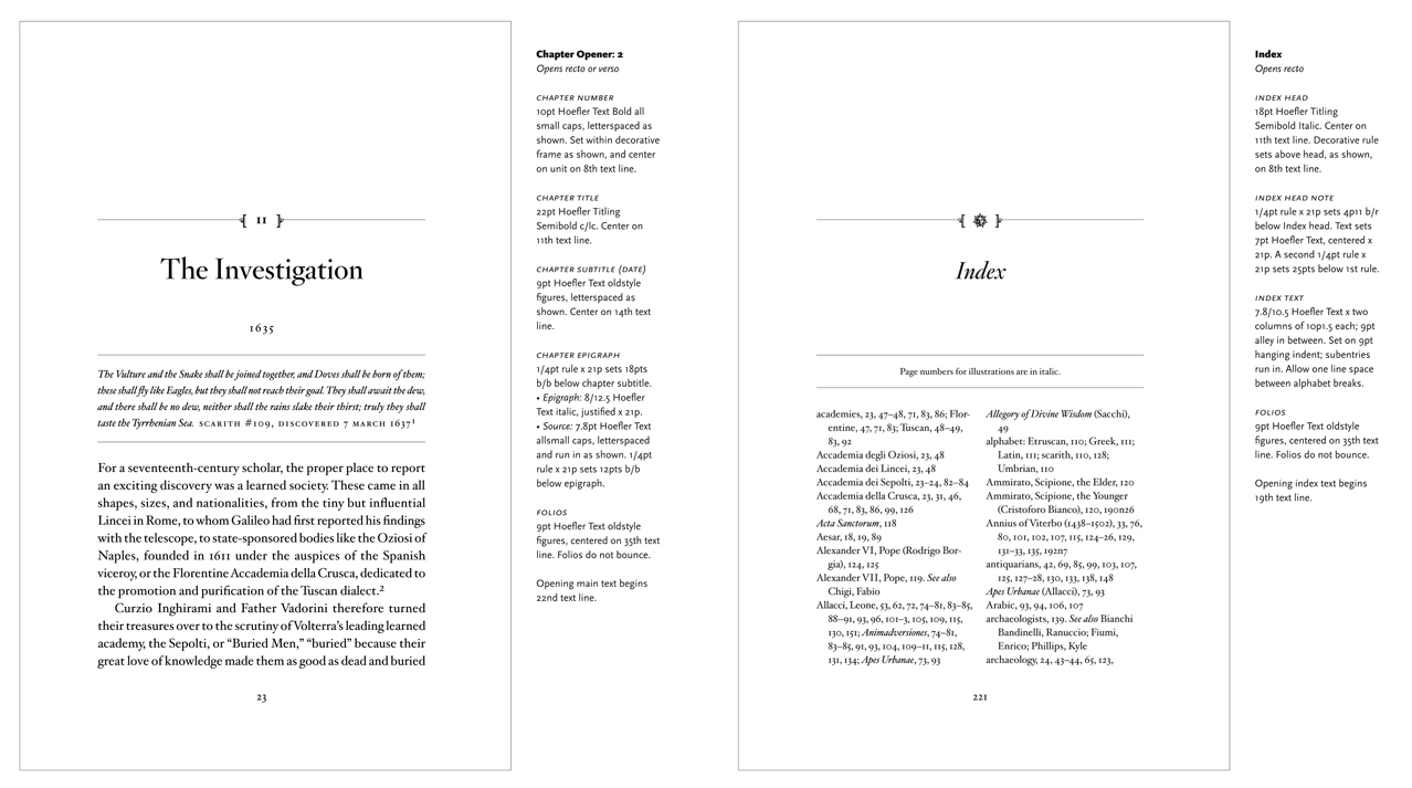 The first pages of a chapter and book index designed for publication and annotated in the margins with information about spacing, fonts, and other design elements.