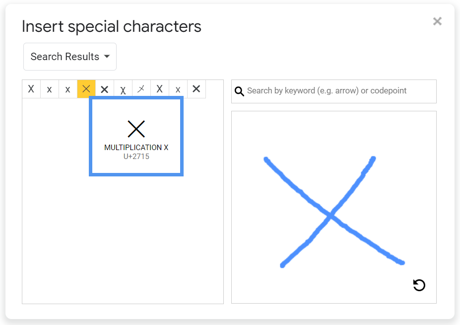 The special characters dialog box in Google Docs showing a mouse-drawn X and ten X-shaped characters in the results.