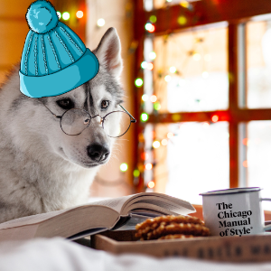 Husky dog reading a book with a steaming CMOS brand mug of cocoa and cozy holiday lights