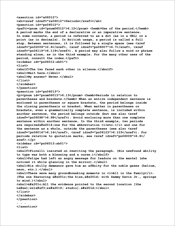 Figure 1 formatted as plain text, with XML tags delimiting headings, paragraph numbers and titles, examples, italic text, and other elements.
