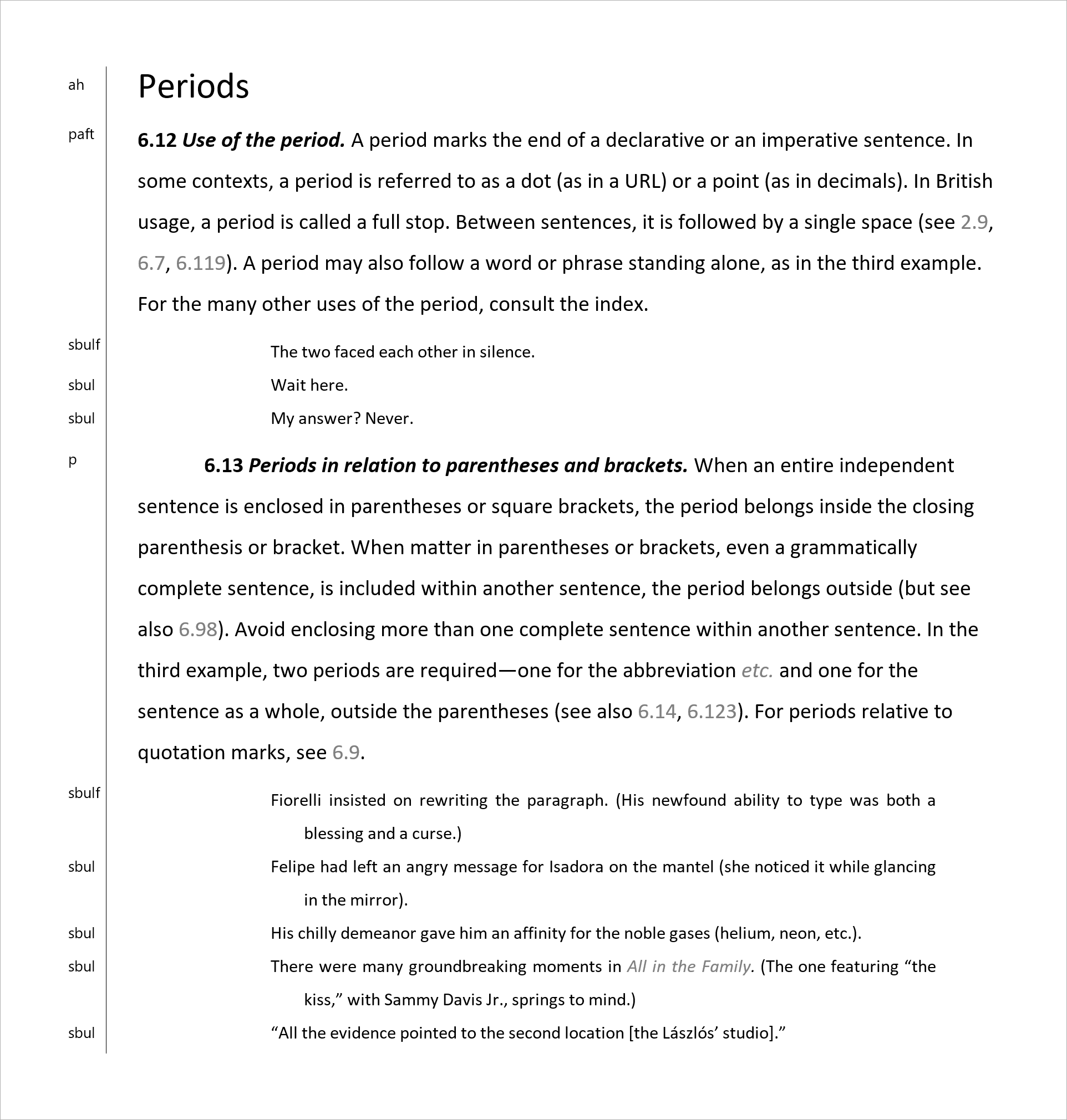 A page from a Microsoft Word document in draft view with the text of paragraphs 6.12 and 6.13 from the 17th edition of The Chicago Manual of Style.