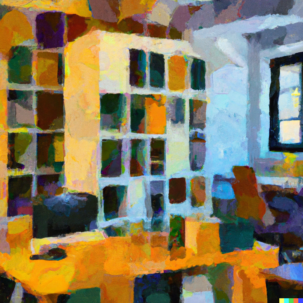 AI-generated image of a modern office rendered as a cubist painting
