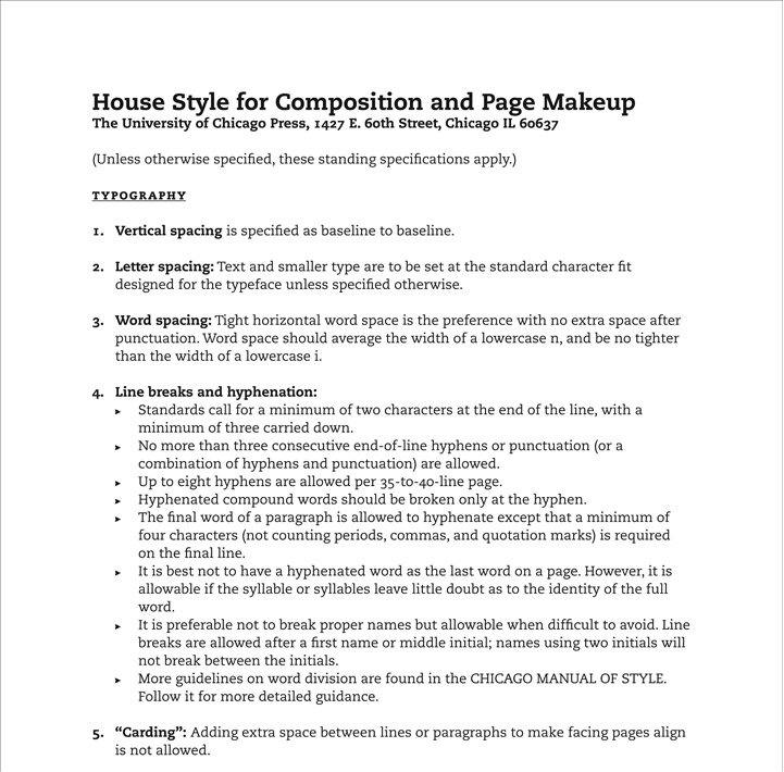 A page from the University of Chicago Press's "House Style for Composition and Page Makeup" listing typographical specifications for spacing, line breaks and hyphenation, and alignment of facing pages.