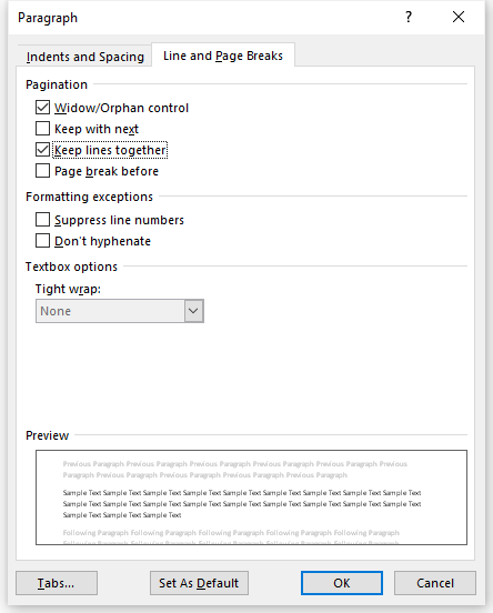 The Line and Page Breaks tab in Microsoft Word’s Paragraph dialog box. Under Pagination, two boxes are checked: “Widow/Orphan control” and “Keep lines together.”