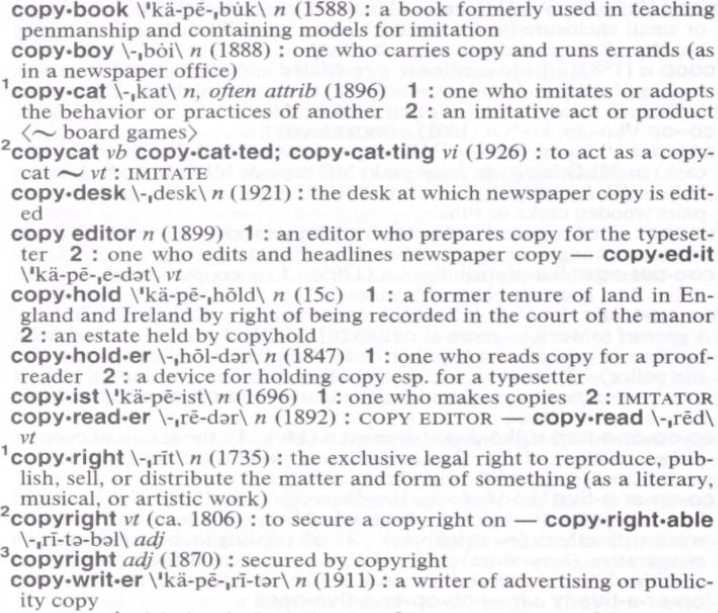 Part of a scanned page from the first printing of the 11th edition of Merriam-Webster's Collegiate Dictionary, showing the entries for "copybook" through "copywriter."
