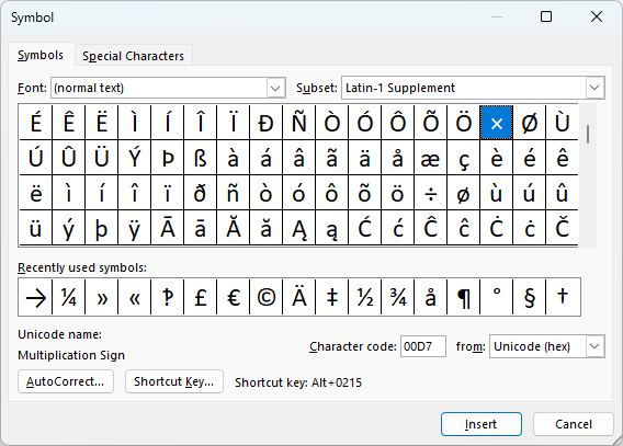 The Symbol dialog box in Microsoft Word showing the multiplication sign and its Unicode number.